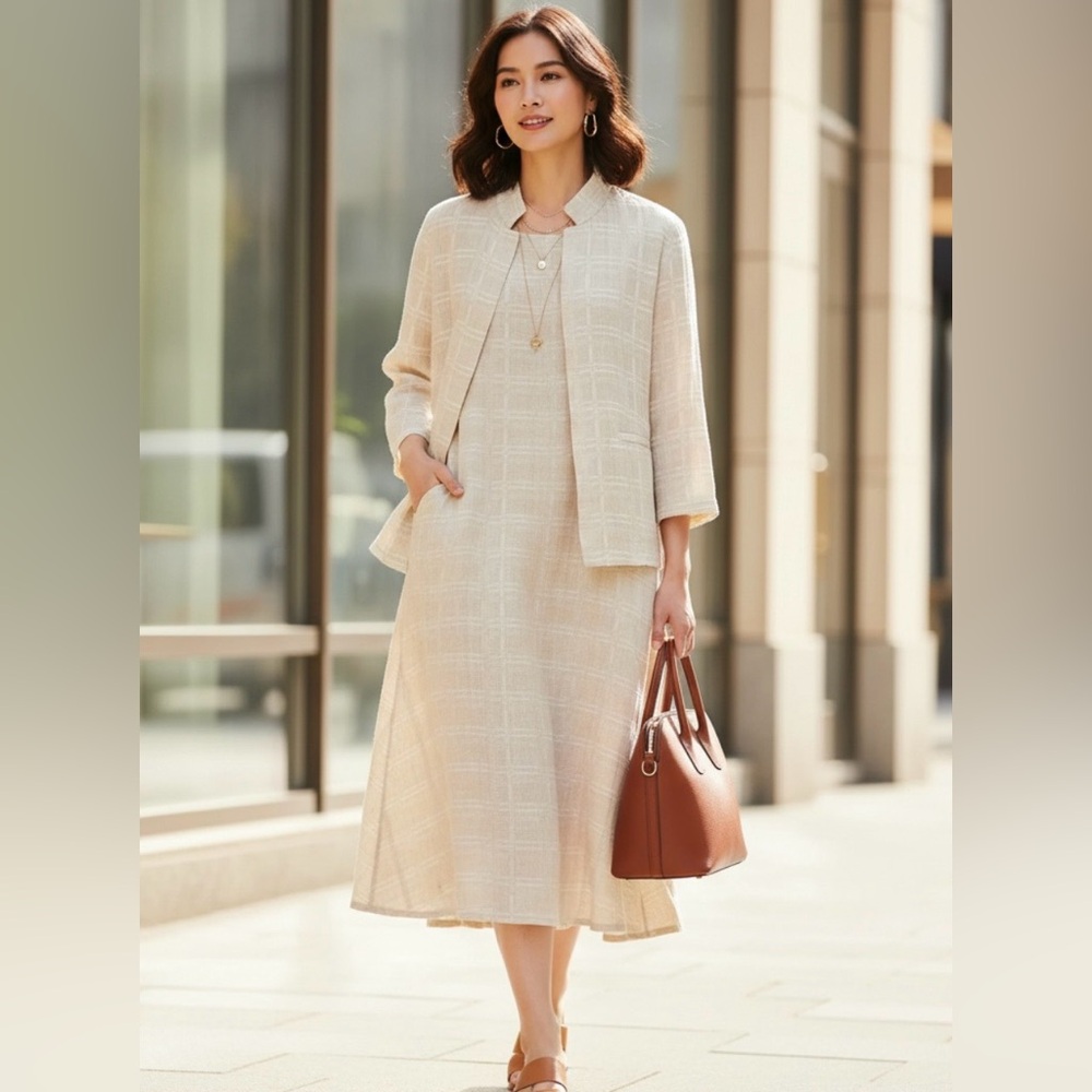 Eileen Fisher Organic Cotton Linen Plaid Jacket & Dress Set L Neutral